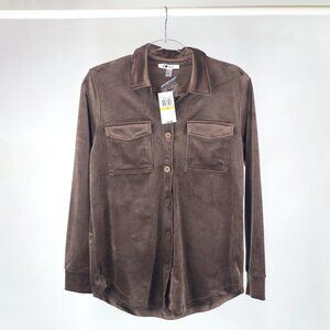 LONG-SLEEVE ULTRA-LUXE BUTTON-FRONT VELOUR SHIRT | SHACKET | CHESTNUT